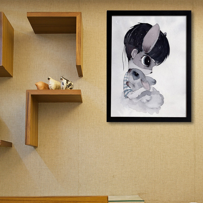 Cartoon Kaninchen Malerei Leinwand Schwarzer Texturierter Wandkunstdruck für Kinderzimmer