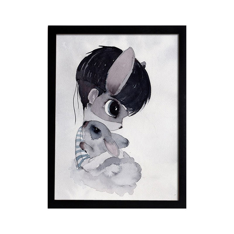 Cartoon Kaninchen Malerei Leinwand Schwarzer Texturierter Wandkunstdruck für Kinderzimmer