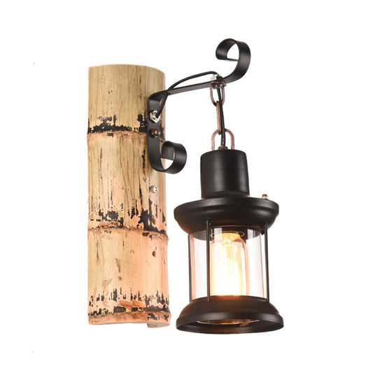 Frendorf | Eine Wandleuchte mit einer Laterne aus klarem Glas im industriellen Stil, Wandlampe für das Esszimmer in Schwarz mit einer Rückplatte aus Bambus