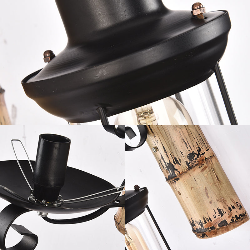 Frendorf | Eine Wandleuchte mit einer Laterne aus klarem Glas im industriellen Stil, Wandlampe für das Esszimmer in Schwarz mit einer Rückplatte aus Bambus