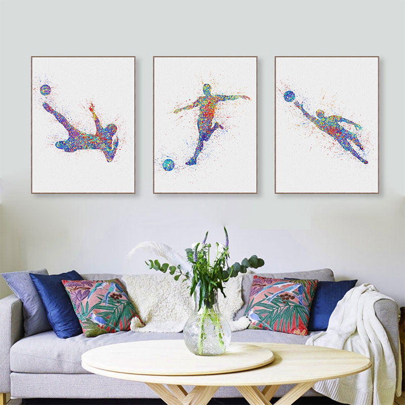 Frendorf | Aquarell Fußball Trainings Wandkunst Blau-Lila Moderner Stil Leinwand für das Jungenzimmer