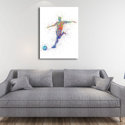 Frendorf | Aquarell Fußball Trainings Wandkunst Blau-Lila Moderner Stil Leinwand für das Jungenzimmer