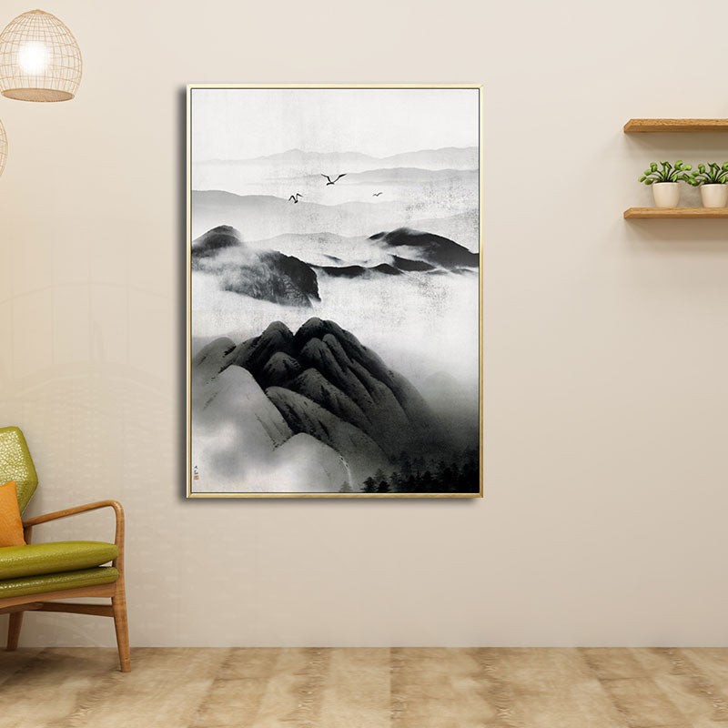Frendorf | Cloudy Mountain View Canvas Art Asiatische Texturierte Wanddekoration in Schwarz für Wohnzimmer