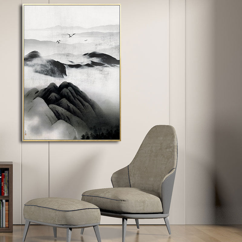 Frendorf | Cloudy Mountain View Canvas Art Asiatische Texturierte Wanddekoration in Schwarz für Wohnzimmer