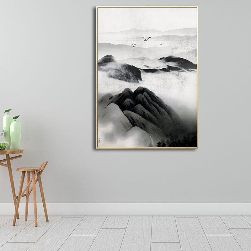 Frendorf | Cloudy Mountain View Canvas Art Asiatische Texturierte Wanddekoration in Schwarz für Wohnzimmer