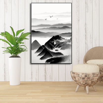 Frendorf | Cloudy Mountain View Canvas Art Asiatische Texturierte Wanddekoration in Schwarz für Wohnzimmer