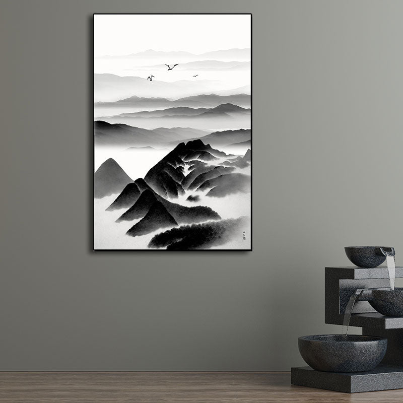Frendorf | Cloudy Mountain View Canvas Art Asiatische Texturierte Wanddekoration in Schwarz für Wohnzimmer