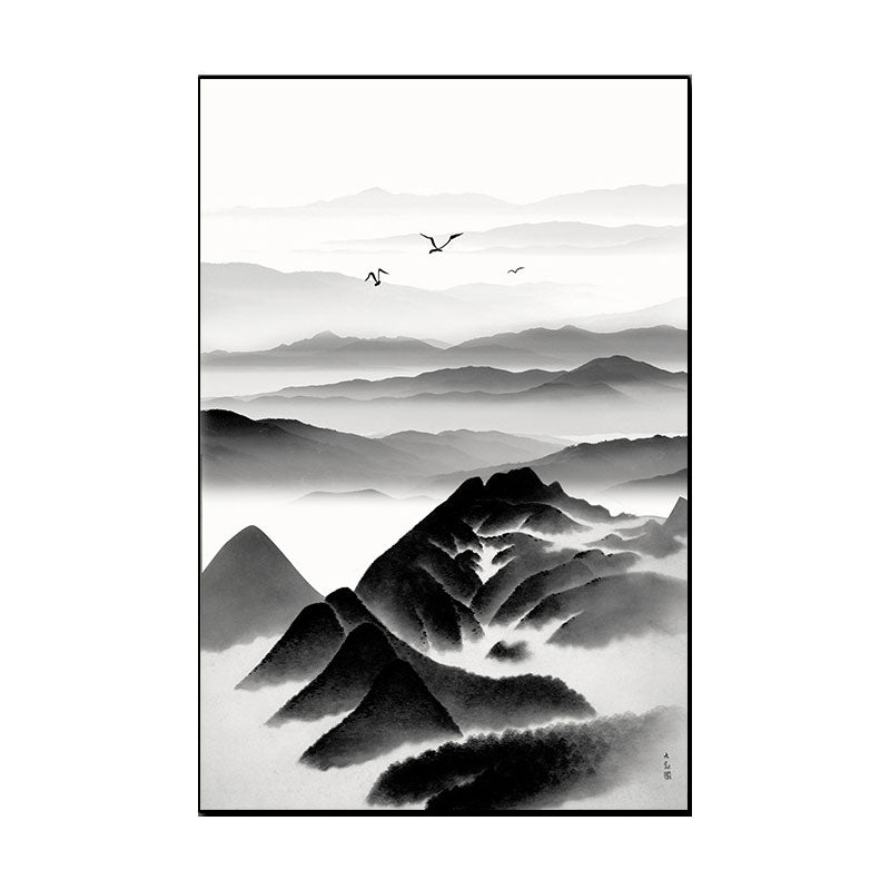 Frendorf | Cloudy Mountain View Canvas Art Asiatische Texturierte Wanddekoration in Schwarz für Wohnzimmer