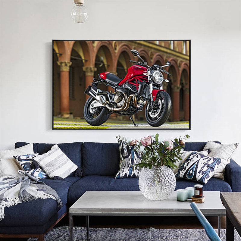 Frendorf | Fotografischer Druck Modernes Leinwandkunstwerk mit Motorrad und Architektur, Rot-Braun