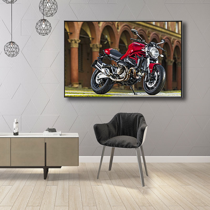 Frendorf | Fotografischer Druck Modernes Leinwandkunstwerk mit Motorrad und Architektur, Rot-Braun