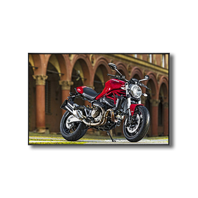 Frendorf | Fotografischer Druck Modernes Leinwandkunstwerk mit Motorrad und Architektur, Rot-Braun