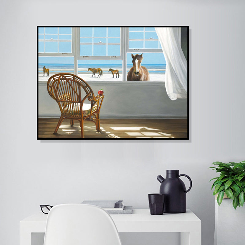 Frendorf | Traditionelle Leinwand Wandkunst in Weiß Strandblick vom Fenster Malerei für das Wohnzimmer