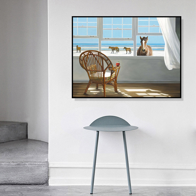 Frendorf | Traditionelle Leinwand Wandkunst in Weiß Strandblick vom Fenster Malerei für das Wohnzimmer