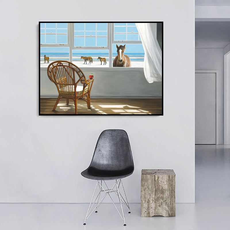Frendorf | Traditionelle Leinwand Wandkunst in Weiß Strandblick vom Fenster Malerei für das Wohnzimmer