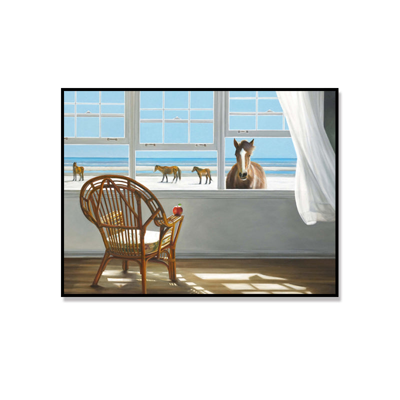 Frendorf | Traditionelle Leinwand Wandkunst in Weiß Strandblick vom Fenster Malerei für das Wohnzimmer