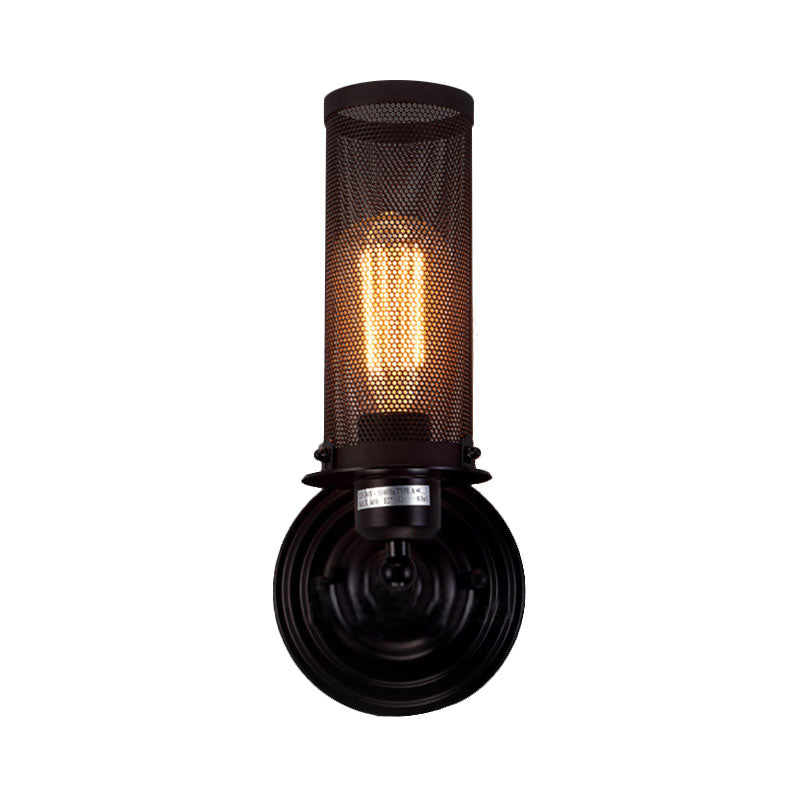 Frendorf | Zylinder Eisen Wand Sconces Beleuchtung mit Netzschirm Antik Stil 1/2-Glühbirne Bauernhaus Wandlampe in Schwarz