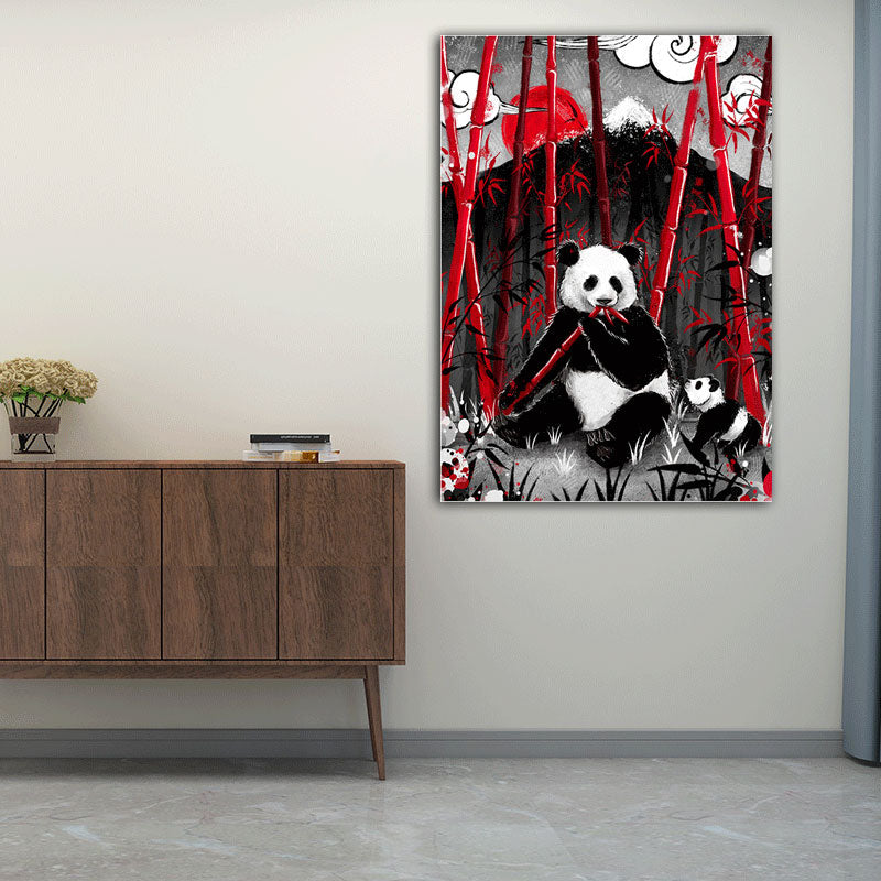 Frendorf | Asiatischer Panda, der Bambus isst, Leinwand für Wandkunstdrucke im großen Raum in Schwarz, mehrere Größen