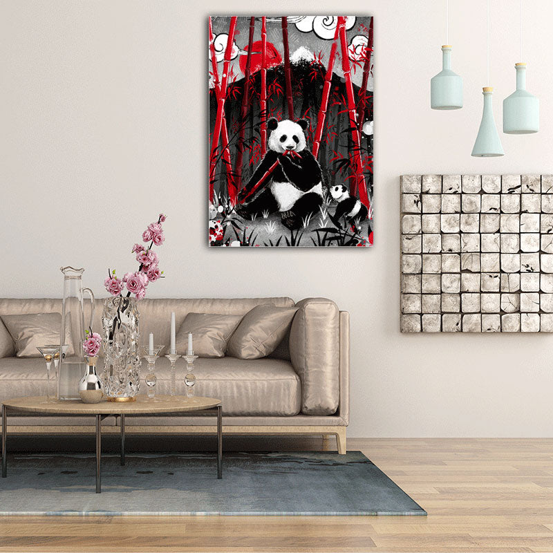 Frendorf | Asiatischer Panda, der Bambus isst, Leinwand für Wandkunstdrucke im großen Raum in Schwarz, mehrere Größen