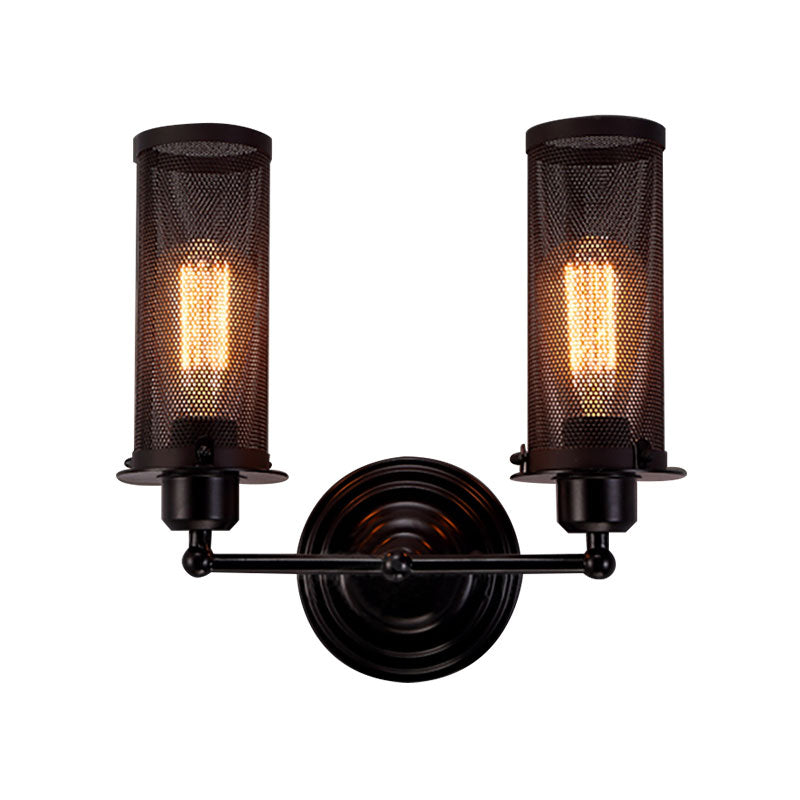 Frendorf | Zylinder Eisen Wand Sconces Beleuchtung mit Netzschirm Antik Stil 1/2-Glühbirne Bauernhaus Wandlampe in Schwarz