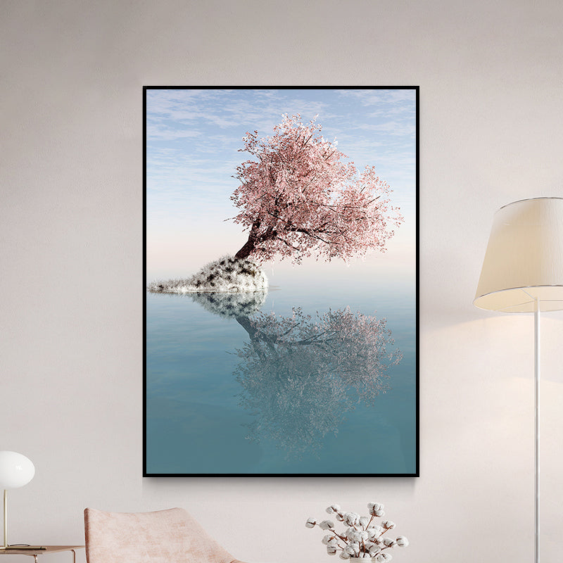 Frendorf | Blossom Tree am See Kunstdruck Zeitgenössische Leinwand Wanddekoration in Pink für das Schlafzimmer