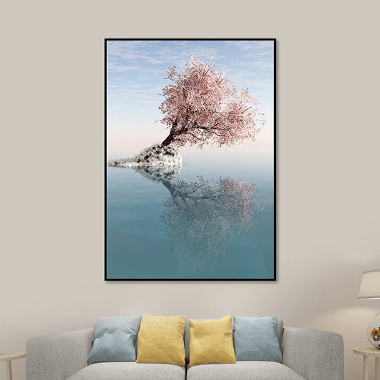 Frendorf | Blossom Tree am See Kunstdruck Zeitgenössische Leinwand Wanddekoration in Pink für das Schlafzimmer