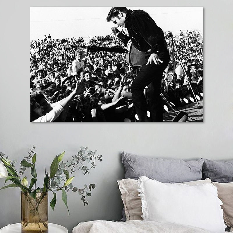 Fotografische Elvis Presley Wandkunst in Schwarz-Weiß Nostalgischer Canvas-Druck für Zuhause