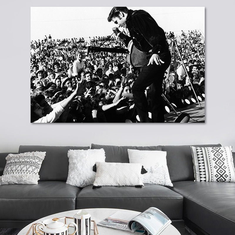 Fotografische Elvis Presley Wandkunst in Schwarz-Weiß Nostalgischer Canvas-Druck für Zuhause