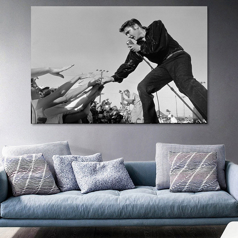Fotografische Elvis Presley Wandkunst in Schwarz-Weiß Nostalgischer Canvas-Druck für Zuhause