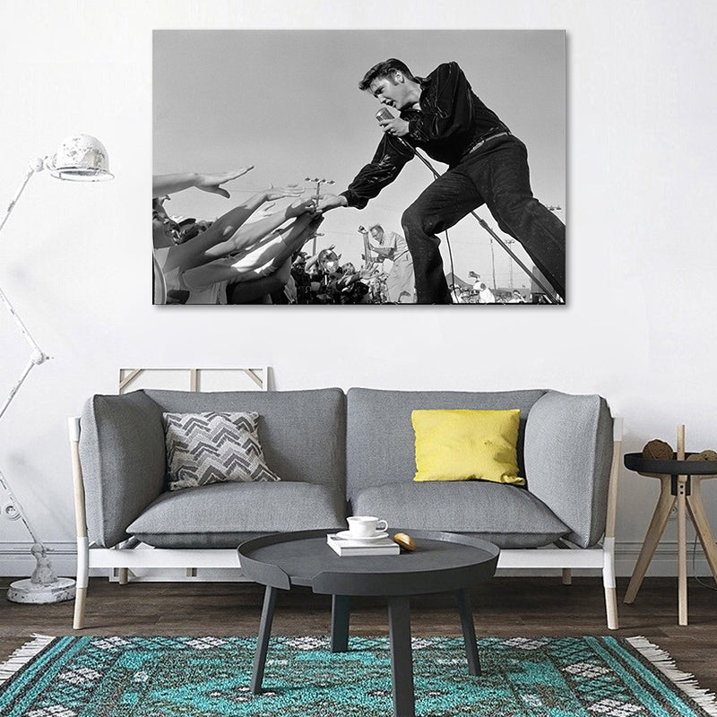 Fotografische Elvis Presley Wandkunst in Schwarz-Weiß Nostalgischer Canvas-Druck für Zuhause