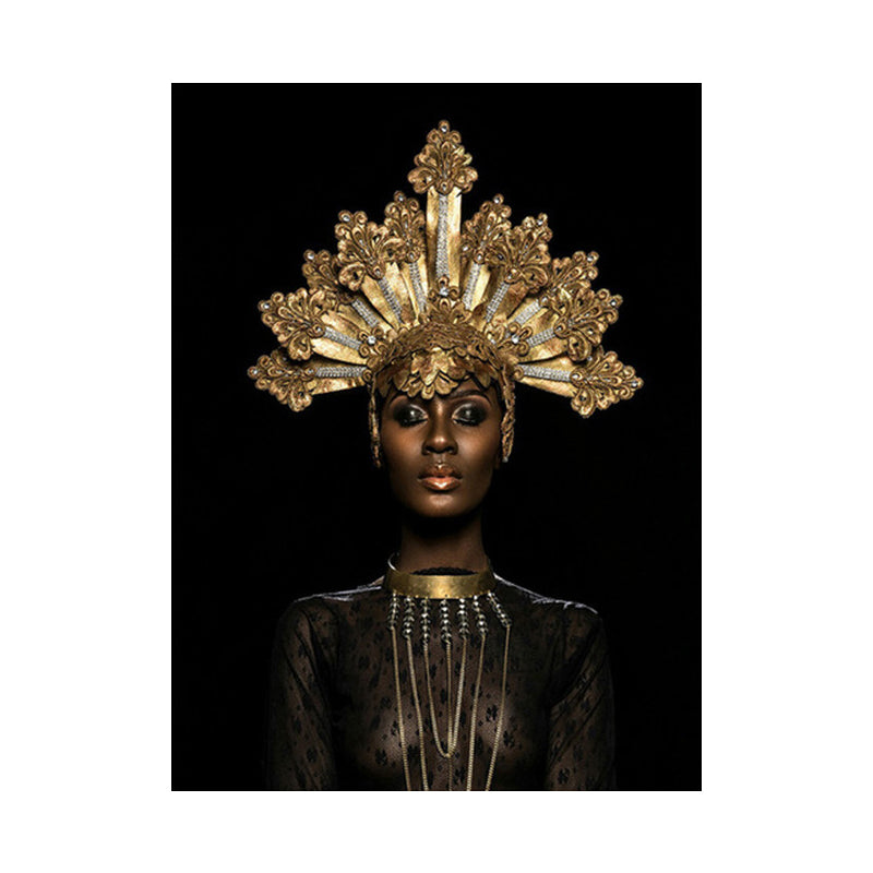Frendorf | Fashion Crowned African Woman Art Print Glam Canvas Wall Decoration in Gold and Black