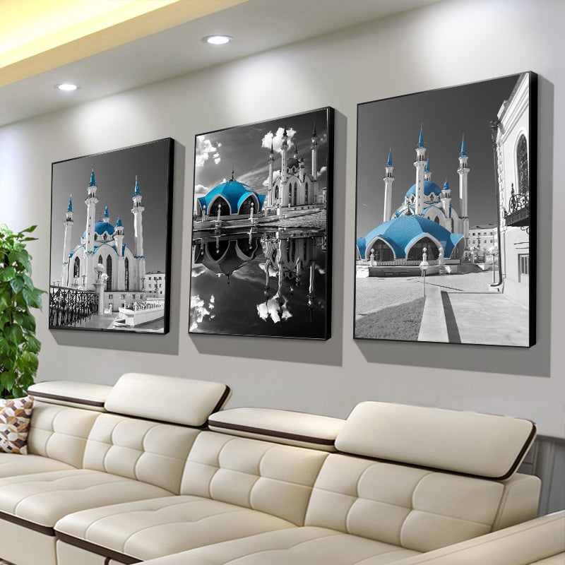 Frendorf | Global Inspired Castle Wall Art Canvas Textured Blue Wall Decor for Sitting Room