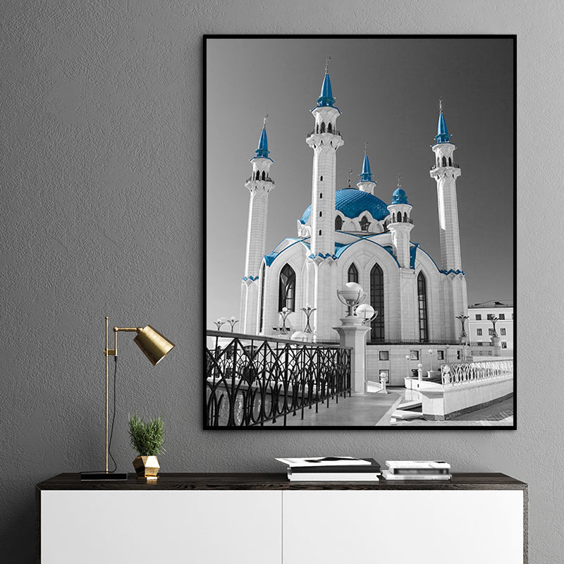 Frendorf | Global Inspired Castle Wall Art Canvas Textured Blue Wall Decor for Sitting Room