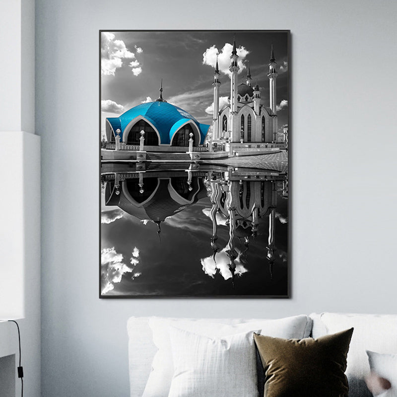 Frendorf | Global Inspired Castle Wall Art Canvas Textured Blue Wall Decor for Sitting Room