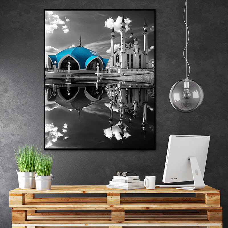 Frendorf | Global Inspired Castle Wall Art Canvas Textured Blue Wall Decor for Sitting Room
