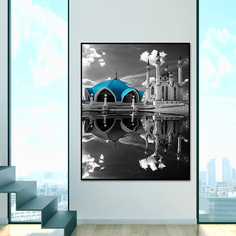 Frendorf | Global Inspired Castle Wall Art Canvas Textured Blue Wall Decor for Sitting Room