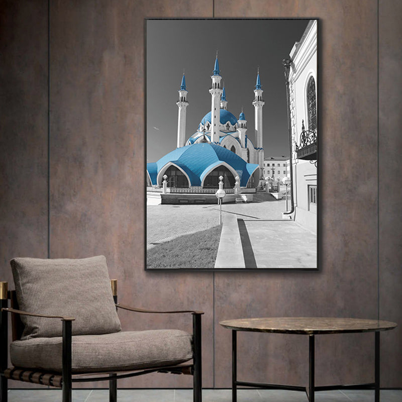 Frendorf | Global Inspired Castle Wall Art Canvas Textured Blue Wall Decor for Sitting Room