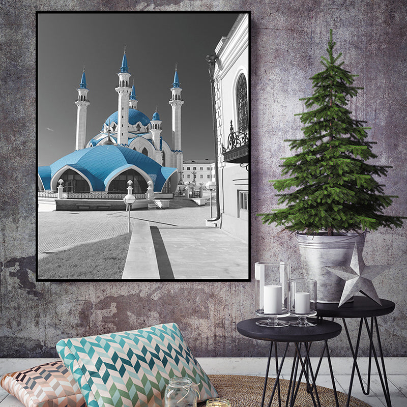 Frendorf | Global Inspired Castle Wall Art Canvas Textured Blue Wall Decor for Sitting Room