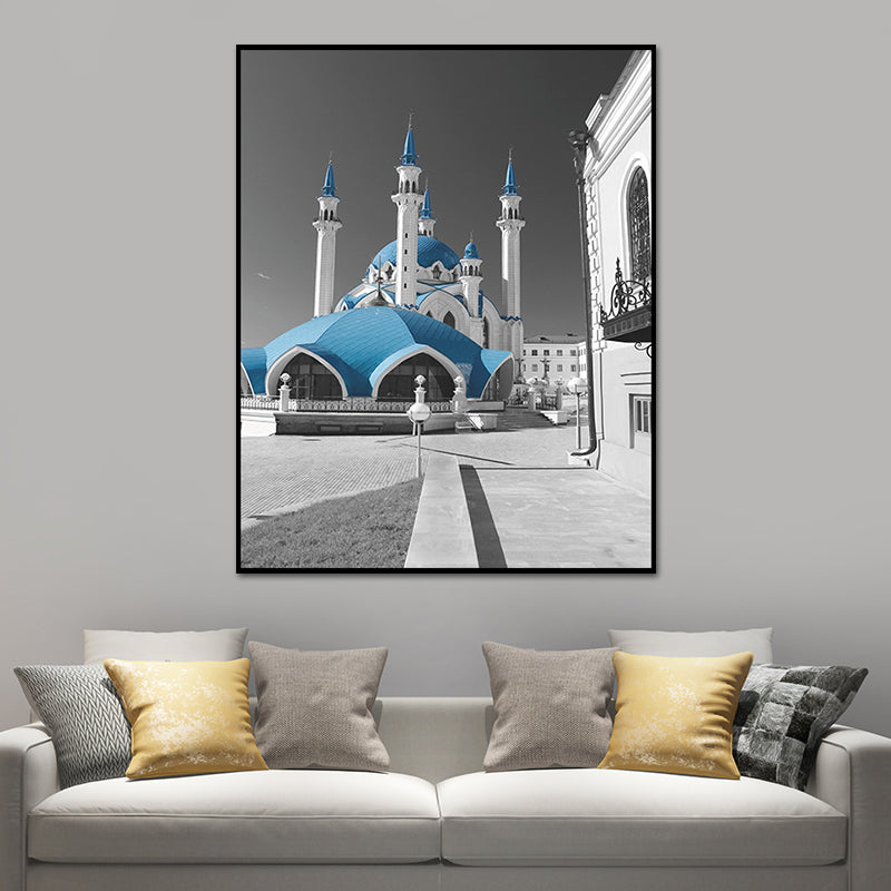 Frendorf | Global Inspired Castle Wall Art Canvas Textured Blue Wall Decor for Sitting Room