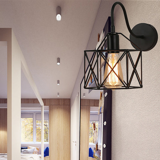 Frendorf | Schwarze X-Cage Wandbeleuchtung mit Gooseneck-Arm Retro Loft Metall 1 Licht Bar Wandmontage Licht