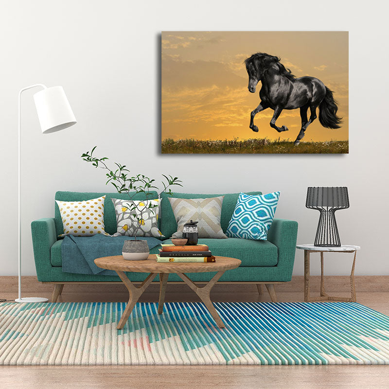 Frendorf | Fotografie Moderne Canvas Muurkunst met Rennend Paardpatroon in Donkere Kleur voor Kamer