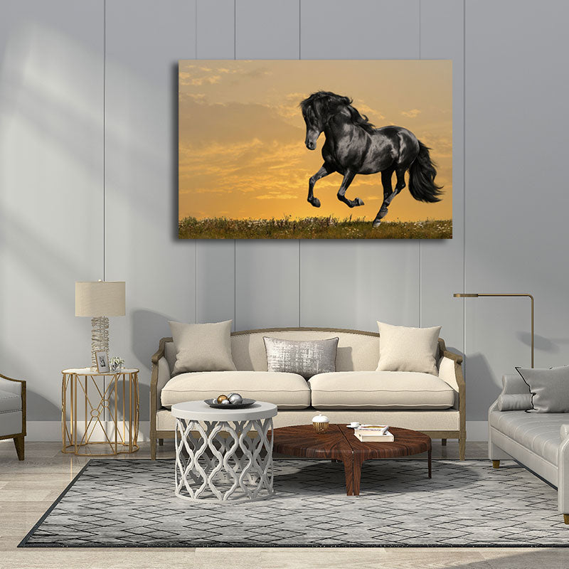 Frendorf | Fotografie Moderne Canvas Muurkunst met Rennend Paardpatroon in Donkere Kleur voor Kamer