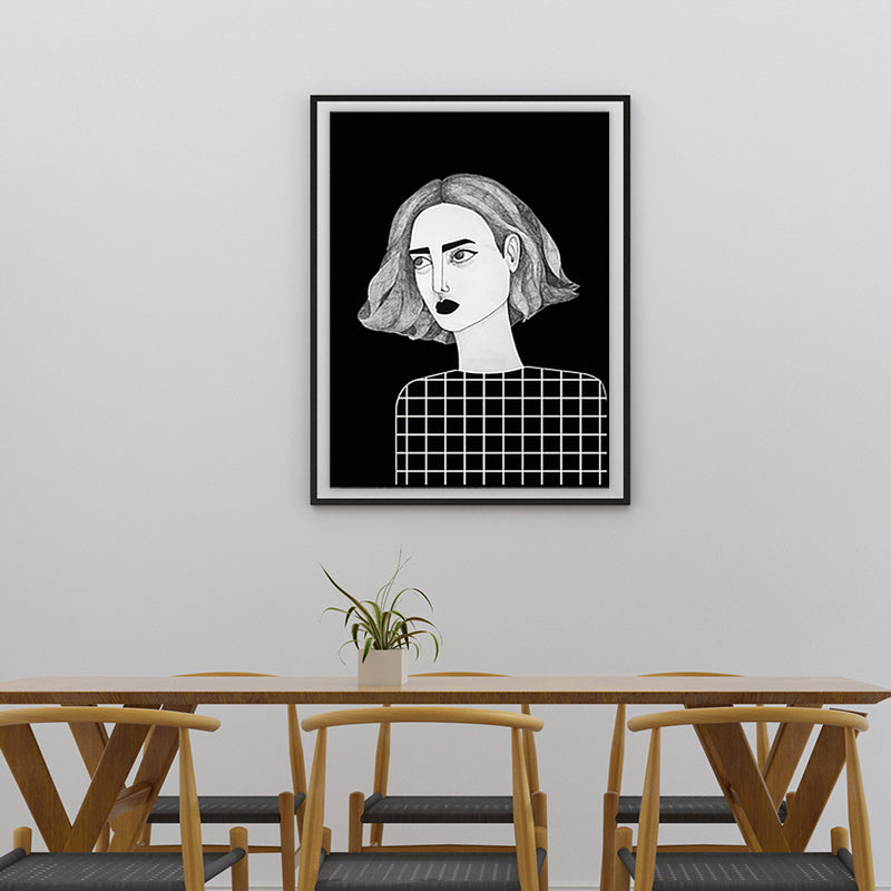 Frendorf | Texturierte schwarze Wandkunst Dekor Skandinavische Illustrationen Frau Leinwanddruck für das Wohnzimmer