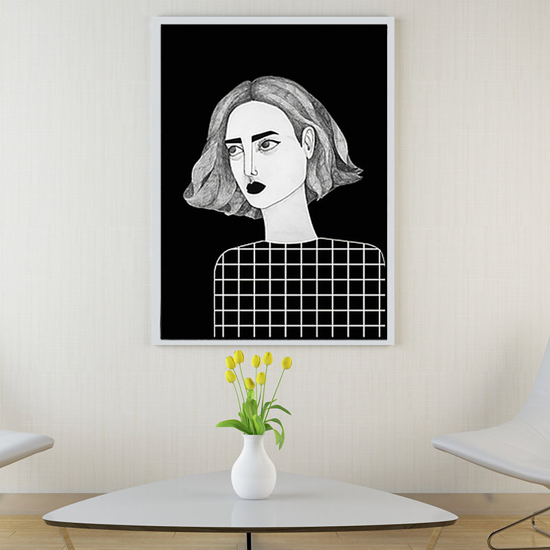 Frendorf | Texturierte schwarze Wandkunst Dekor Skandinavische Illustrationen Frau Leinwanddruck für das Wohnzimmer