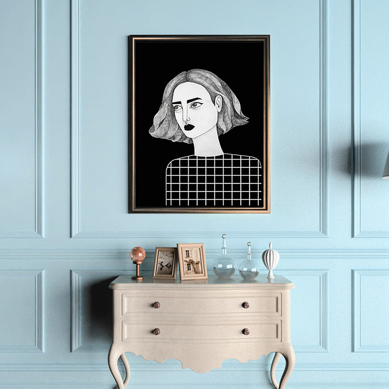 Frendorf | Texturierte schwarze Wandkunst Dekor Skandinavische Illustrationen Frau Leinwanddruck für das Wohnzimmer