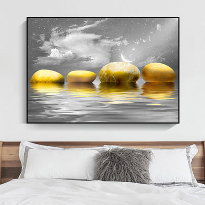 Frendorf | Big Pebbles Wandkunstdruck Glam Magische Nacht Meerlandschaft Leinwand in Gold für Schlafzimmer