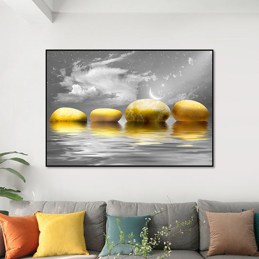 Frendorf | Big Pebbles Wandkunstdruck Glam Magische Nacht Meerlandschaft Leinwand in Gold für Schlafzimmer