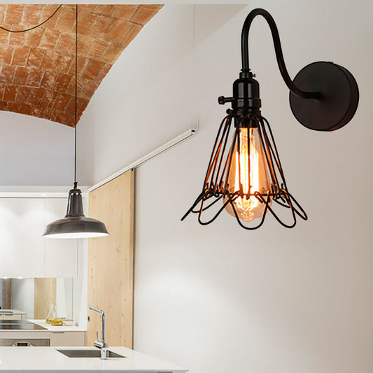 Frendorf | 1 Kopf Metall Wandlampe Antik Stilvoll Schwarz Drahtgestell Restaurant Wand Sconce Licht mit Blütenblattdesign