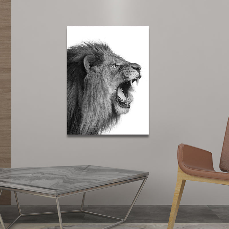 Frendorf | Fotografie Leeuw Brullend Canvas Muurkunst voor Huisinterieur, Grijs en Wit, Gelaagd