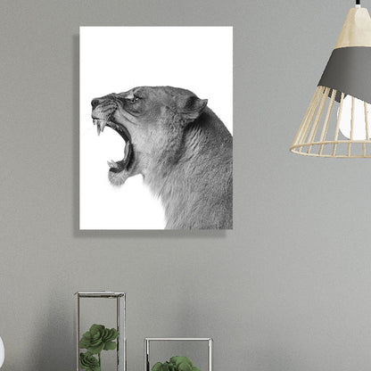 Frendorf | Fotografie Leeuw Brullend Canvas Muurkunst voor Huisinterieur, Grijs en Wit, Gelaagd