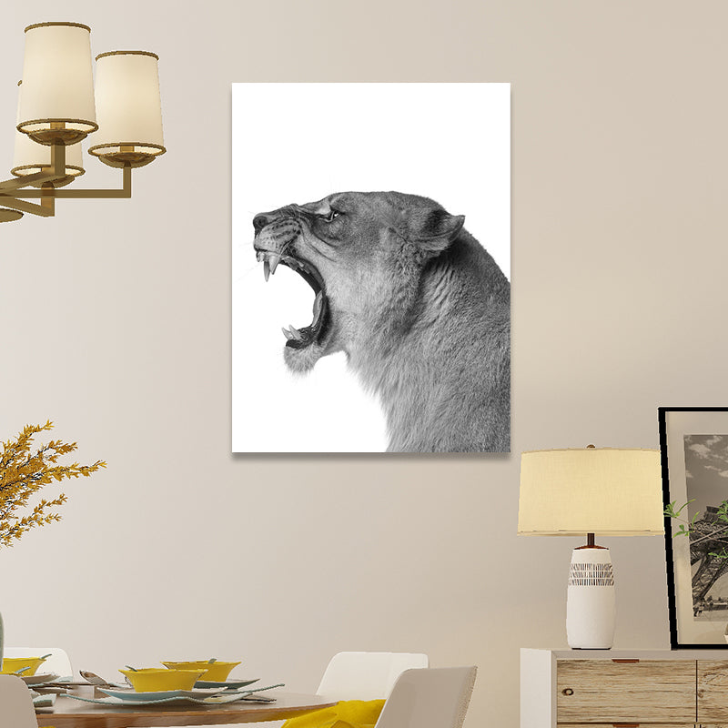 Frendorf | Fotografie Leeuw Brullend Canvas Muurkunst voor Huisinterieur, Grijs en Wit, Gelaagd